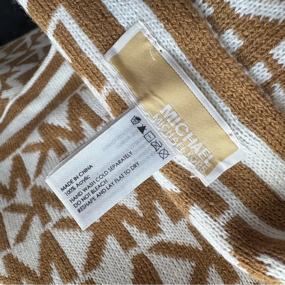 Michael Kors Bordered MK Logo Print Muffler Scarf in Camel Cream